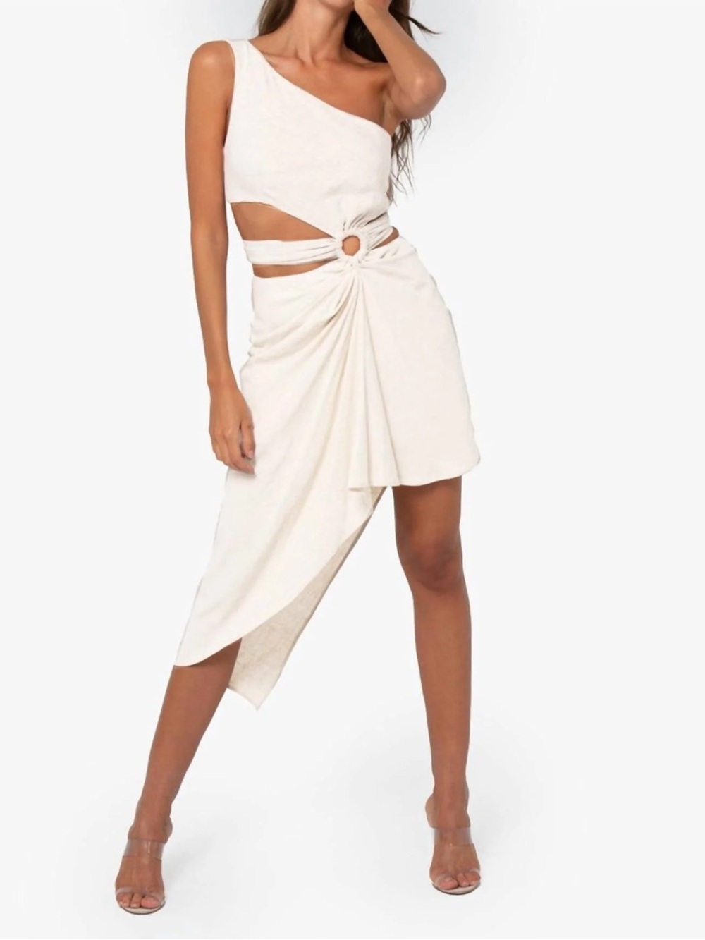 Just Bee Queen Corey One Shoulder Cutout Dress Ivory Linen S